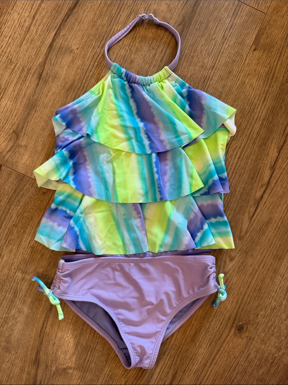 Catalina Lavender Halter Ruffle Tankini with Blue-Green Tie-Dye